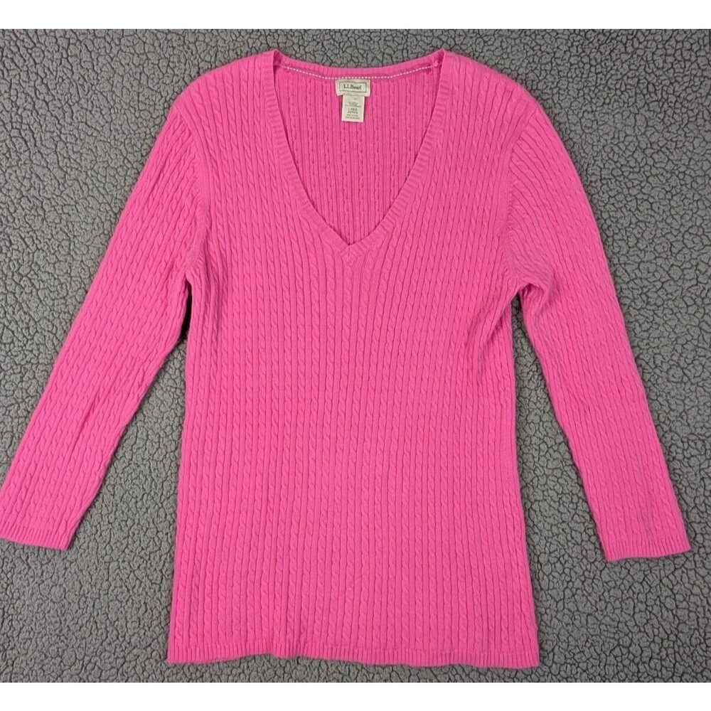 L.L. Bean Sweater Womens L Cable Knit Pullover V Neck Pink Cotton Grandma Mom